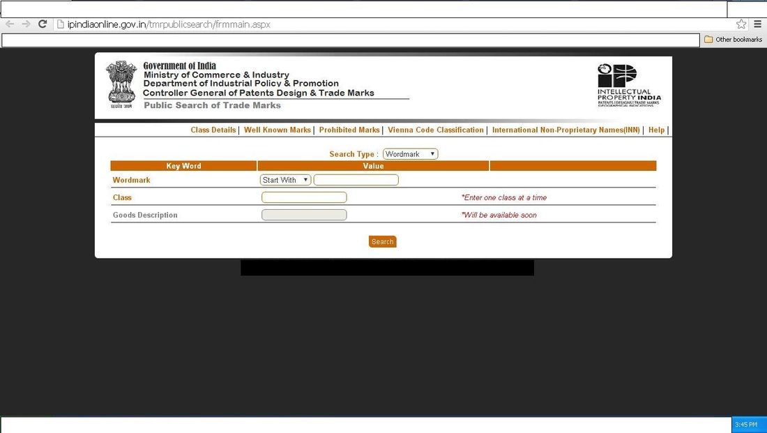 Interface of IP India Trademark Availability Check Portal